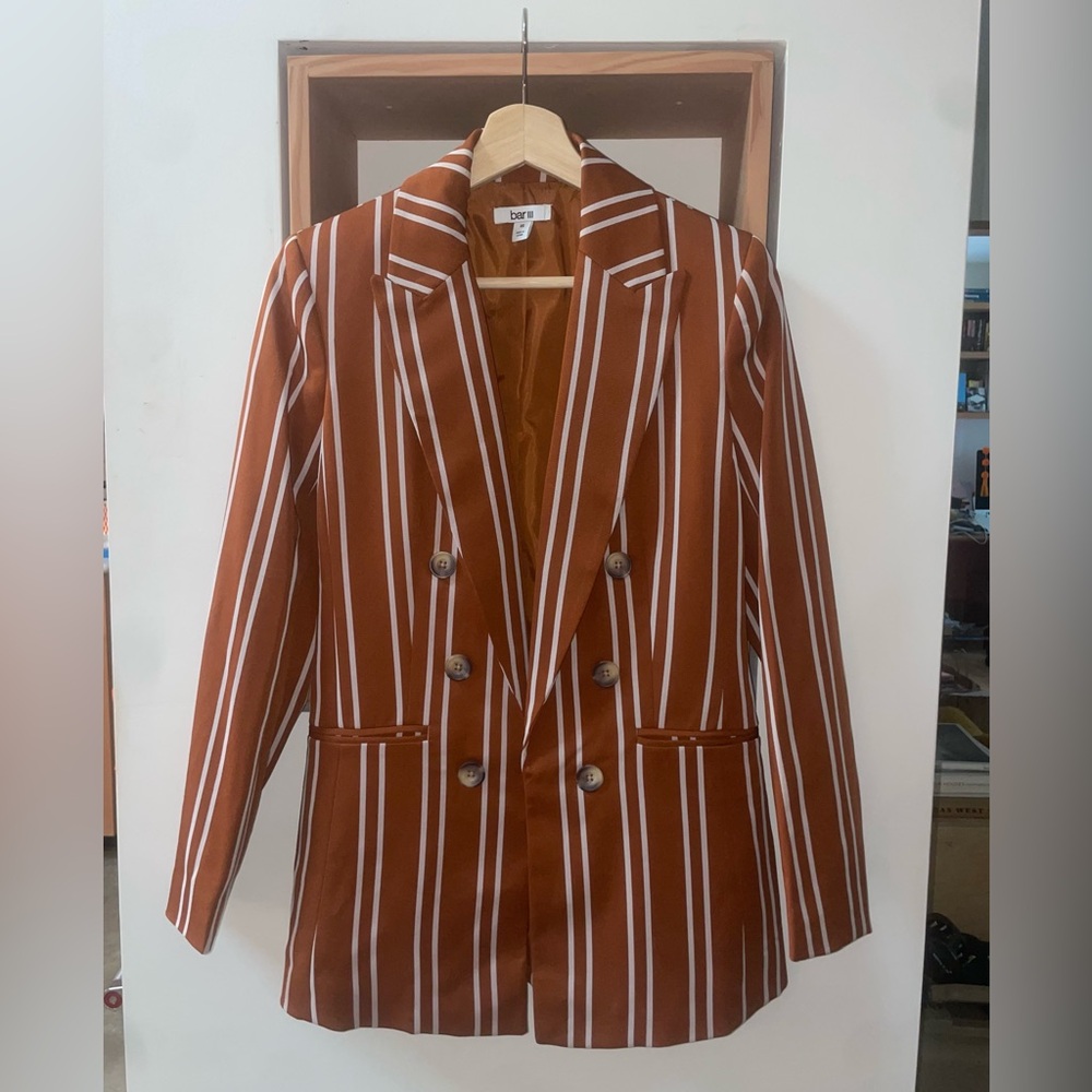 Suit Set: Women's Double Breasted Striped Blazer & Wide Leg Pinstripe Brown NWOT